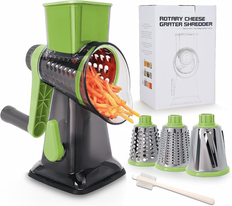TiwisiTe Rotary Cheese Grater Multi-Purpose Stainless Steel Shredder- Cheese Grater With handle Effortless Grating of Vegetables, Nuts and Fruits,with Suction Base and Cleaning Brush (green) - Image 1